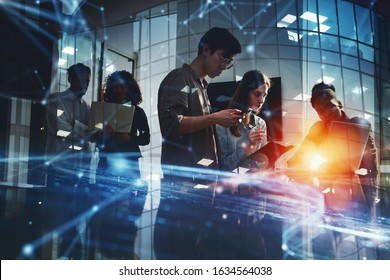 Businessmen That Work Together In Office With Network Connection Effect. Concept Of Teamwork And Partnership. Double Exposure