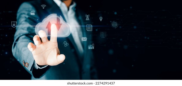 Businessmen touch cloud computing icon network, Abstract futuristic technology on a dark blue background, internet communication Wireless network technology, data transfer innovative digital solution