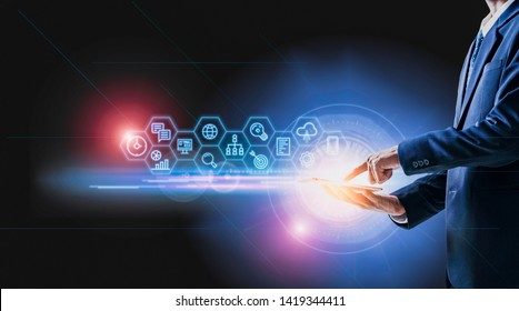 Businessmen touch to create a modern business icon strategy. - Shutterstock ID 1419344411