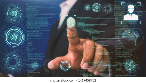 Businessmen Touch The On-screen Instructions To Scan Fingerprints To Verify Personal Information With The Best Security System And The Most Advanced Technology.