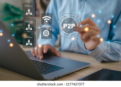 Businessmen are trading peer-to-peer on the web virtual P2P loan screen, make a deposit agreement. e-money, investment, credit, crypto-currency - Shutterstock ID 2177427377