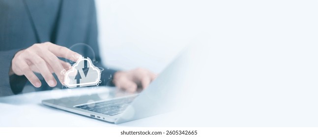 Businessmen use computers to visualize large online data in the cloud.
It is a cloud server backup platform technology to ensure the safety of business data communications and data download systems.
