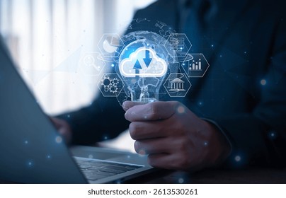 Businessmen use computers to visualize large online data in the cloud.
It is a cloud server backup platform technology to ensure the safety of business data communications and data download systems.