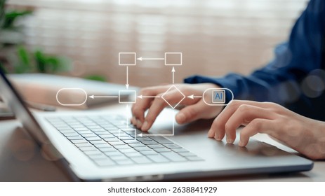 Businessmen use a laptop with AI flowchart overlay, representing artificial intelligence, machine learning process, automation, algorithm development, and digital workflow optimization.