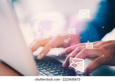 Businessmen use laptops to check feedback emails from customers, Social media marketing and connection, best promotion and price, flash sales of the month, the concept of an online shop.