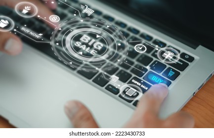 Businessmen use laptops to discount events and Black Friday campaigns, Social media marketing the best promotion and price, flash sales of the month, the concept of an online shop,24 hours delivery.