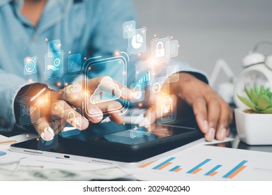 Businessmen Use Laptops To Secure Computing Through Cloud Storage For Digital Business And Cloud Data Processing Management. Optimizing Online Business Customer Service
