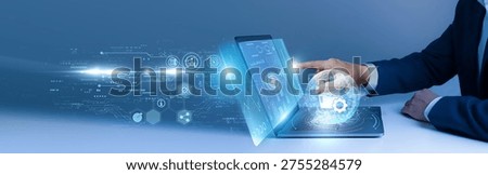 Businessmen use the tab analyzing document management and file data. Enterprise content dashboard, records control, digital archiving, workflow automation