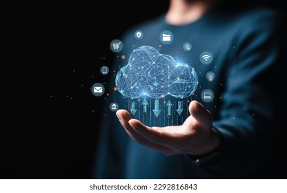 Businessmen used technology cloud computing for data transmission, database, data storage, and backup. Networking and Internet service concept. Futuristic business network concept. - Powered by Shutterstock - Get 15% off with code: PIKWIZARD15