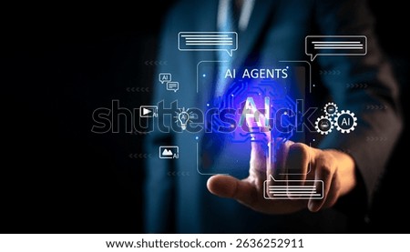 Businessmen using AI agent interfaces for intelligent automation systems and digital communication, concepts of artificial intelligence, chatbots, virtual assistants, and creative AI technologies.