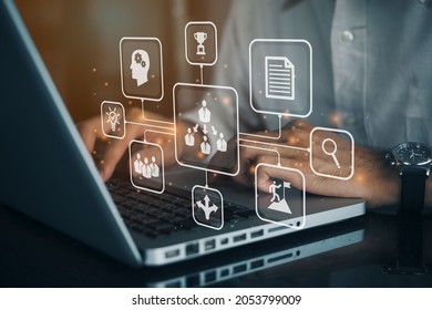Businessmen using a computer to Meeting banner web icon for appointment and convoke, Topic, purpose, brainstorm, communication, discussion, video conference and conclusion. - Shutterstock ID 2053799009