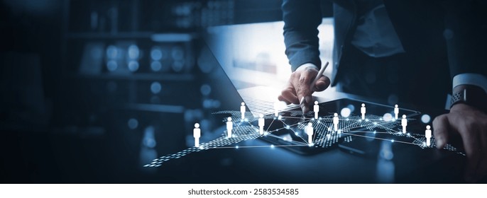 Businessmen using digital tablet for digital marketing plan and business target search, CRM, Customer Relationship management and service, HR recruitment, business marketing plan and strategy