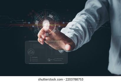 Businessmen Using A Fingerprint Scan. Fingerprint Scan Provides Access To Biometrics Identification On Digital Convergence. Technology, Security, Identification Concept, Business Capabilities.