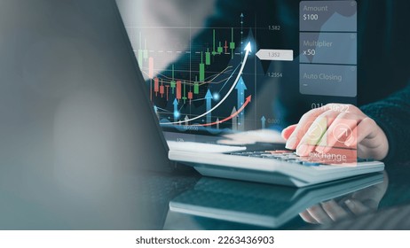 Businessmen work with stock market investments analyze trading data.Profit graph of stock market indicator. stock exchange graph on screen. Financial stock market. investment growth graph. Brokers. - Shutterstock ID 2263436903