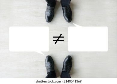 Businessmen's Feet With Speech Bubbles And Not Equal Sign