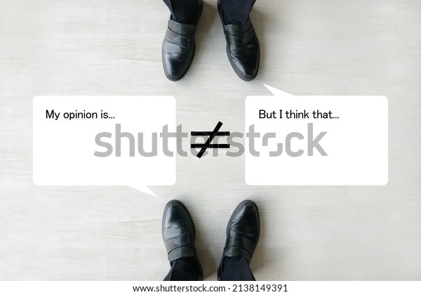 Businessmen\'s\
feet with speech bubbles and not equal\
sign