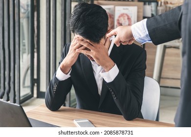 Businesspeople Bosses Use Finger Point Blame. Serious Businessman Headache Stress Sitting Cafe With Manager Use Finger Blaming Problem Work. Accused Businessman Pressure With Fingers Pointing Concept.