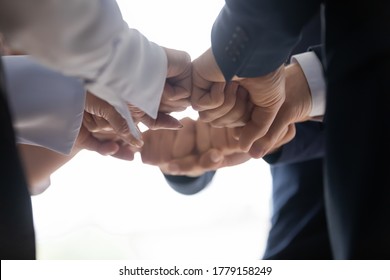 Businesspeople Celebrating Successful Startup Put Fists Together Join Hands Make Circle Shape Close Up, Concept Of Responsibility, Show Unity, Equal Opportunities, Promises Of Support, Corporate Oath