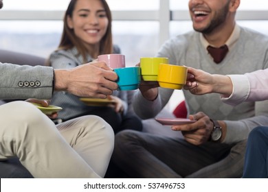 Businesspeople Group Clinking Cups Coffee Break In Coworking Center Diverse Mix Race Team Coworkers Workplace Modern Office