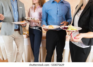 Businesspeople Group Hold Plate Catering Buffet Food Restaurant, Business Banquet At Company Event Celebration, People Team Communication Coffee Break