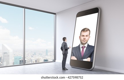 Businesspeople Having Online Video Conference On Large Smart Phone In Empty Interior With Singapore City View. 3D Rendering