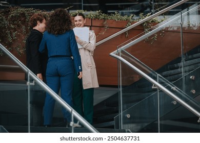 Businesspeople meeting and discussing documents outside a modern office building, creating a dynamic and professional atmosphere. - Powered by Shutterstock