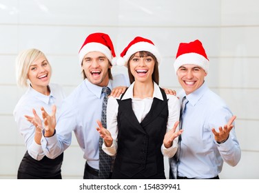 Businesspeople Office Party, Celebrate New Year Christmas Holiday, Group Of Business People Team Wear Santa Hat, Excited Smile