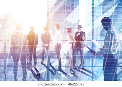 Businesspeople On Abstract City Background. Meeting And Group Conference Concept. Double Exposure 