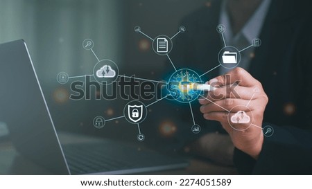 Businesspeople pointing pen computer coding AI background futuristic future digital technology. AI learning and business artificial intelligence transformation of ideas of technology in business.