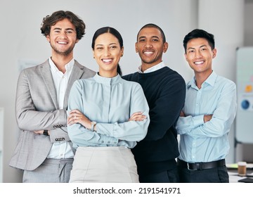 Businesspeople, Team Or Group Of Young Professionals, Staff Or Interns In Unity At Office. Portrait Of Diverse Company Employees, Colleagues And Coworkers Of B2b Advertising And Marketing Agency