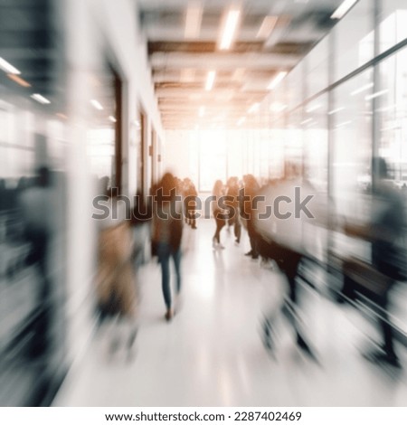 businesspeople walking in the corridor of an business center, pronounced motion blur, crowded bright modern light office movement defocused. office background busy