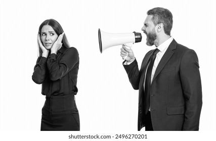 businesspeople yell arguing with loudspeaker in studio. businesspeople arguing with loudspeaker. - Powered by Shutterstock