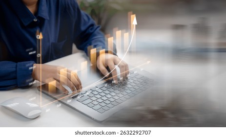Businessperson analyzing financial growth with monthly bar chart and upward trend line on laptop. Concept of business analytics, performance tracking, and data-driven strategy. - Powered by Shutterstock - Get 15% off with code: PIKWIZARD15
