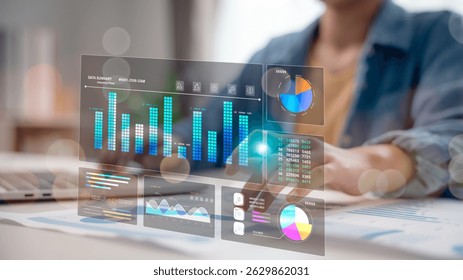 Businessperson analyzing interactive digital dashboard with bar charts, pie graphs, and data visualizations, representing performance tracking, financial reports, and smart analytics.