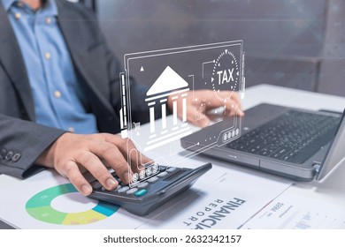 Businessperson calculates taxes with a calculator, laptop, and financial report, featuring a digital tax and banking graphic overlay.