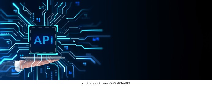 Businessperson hand holding API interface on glowing circuit board background, futuristic tech concept with copyspace for banner or poster