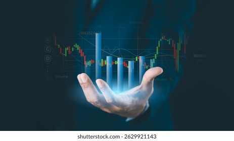 A businessperson holds a glowing bar graph, with stock market charts and data visualizations in the background.
