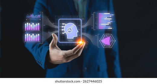 A businessperson holds a glowing graphic with AI, data analytics, and digital charts representing artificial intelligence and technology.