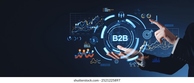 Businessperson interacting with a B2B digital interface, surrounded by futuristic graphs and icons. Dark background. Concept of business, technology, and networking - Powered by Shutterstock