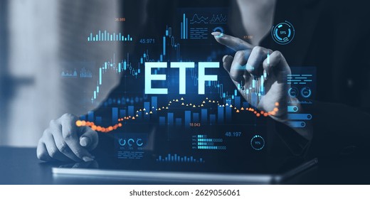 Businessperson interacting with ETF financial data charts in digital interface on dark background, concept of investment and financial market trends