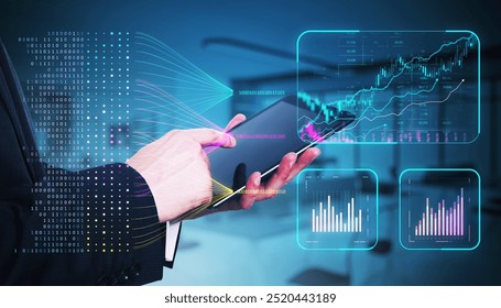 Businessperson interacting with a tablet, displaying financial data charts, binary code holograms, and graphs, in a modern office setting, representing financial technology and analysis