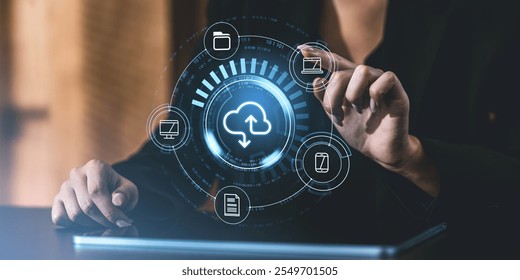 Businessperson interacts with a digital interface showing cloud storage icons, data, and files. Futuristic design, indoor background. Concept of global digital storage service - Powered by Shutterstock