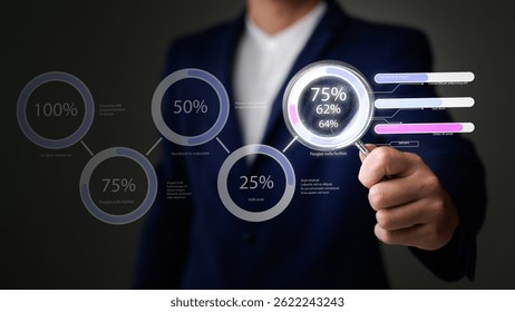 A businessperson interacts with futuristic data visualizations and infographics, analyzing various percentage statistics with a digital interface.