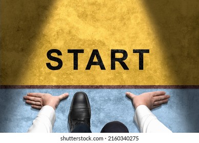 Businessperson ready to start compete. Start Concept. Low Section of Businessman at Start Line. Get Ready to Moving Forward. New Challenge, New Business. Business Strategy