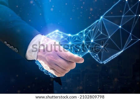 Businessperson shaking hand with digital partner over futuristic background. Artificial intelligence and machine learning process for 4th industrial revolution.