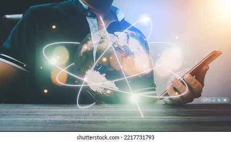 a businessperson with a smartphone Internet access and digital marketing on a global scale Banking and Finance Business technology includes things like digital link technology and big data. - Shutterstock ID 2217731793