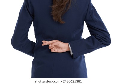 Businessperson, studio and fingers crossed by back for luck, betting and wish by white background. Corporate accountant, hand gesture or ethics for job fraud or career promotion with moral deception - Powered by Shutterstock