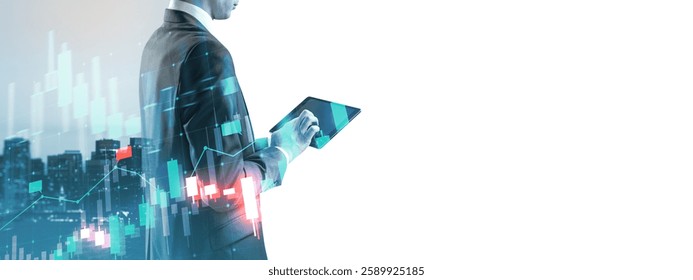 Businessperson in suit using tablet with abstract financial chart overlay, city skyline background. Concept of stock trading and investment - Powered by Shutterstock - Get 15% off with code: PIKWIZARD15