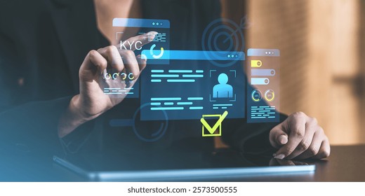 A businessperson touches a futuristic virtual KYC interface with icons, checkboxes, and data charts on a blurred background, symbolizing document verification