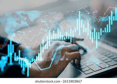 Businessperson typing on laptop with transparent financial charts and world map overlay, on a light background, concept of global business data - Powered by Shutterstock - Get 15% off with code: PIKWIZARD15